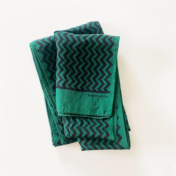 silk scarf - green black zig zag print - 70s vint… - image 6