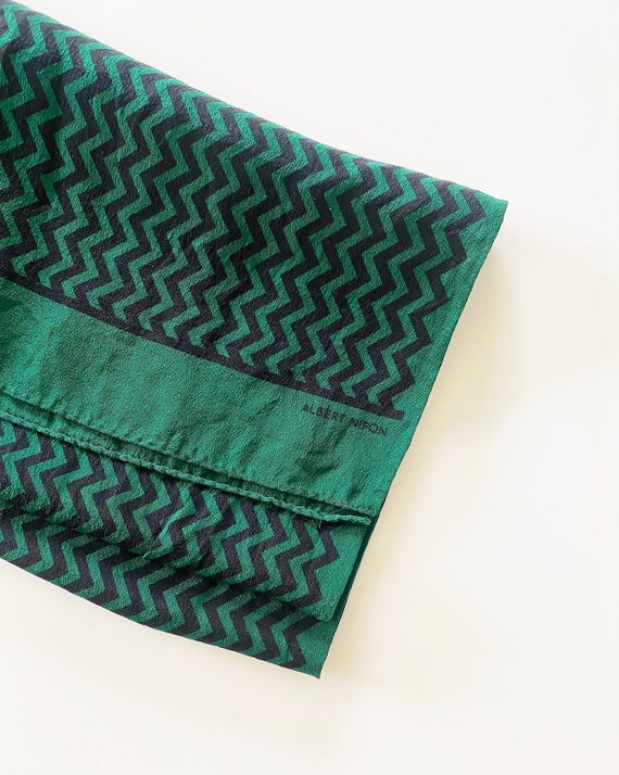 silk scarf - green black zig zag print - 70s vint… - image 7