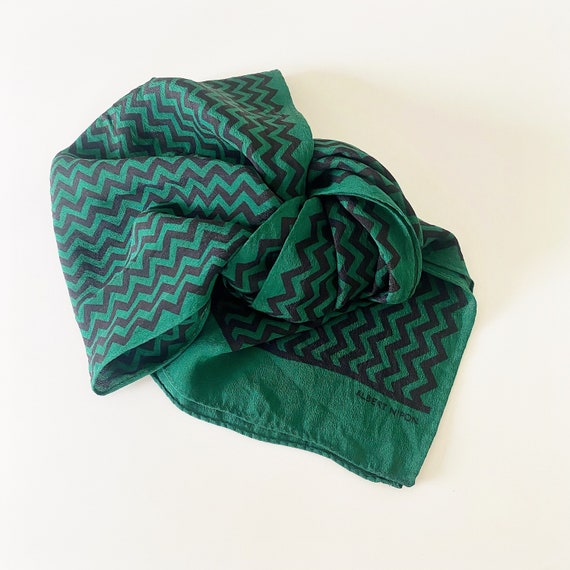 silk scarf - green black zig zag print - 70s vint… - image 5
