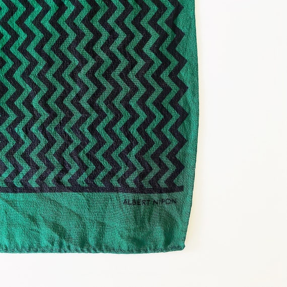 silk scarf - green black zig zag print - 70s vint… - image 8