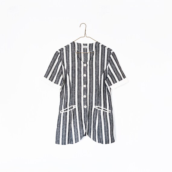 90s vintage navy white striped linen chore blouse… - image 1