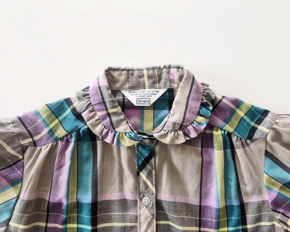 gray plaid button blouse - adorable peter pan col… - image 8