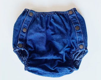 90s calvin klein baby bloomers • blue jean denim toddler snap diaper cover • size small