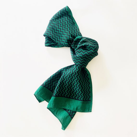 silk scarf - green black zig zag print - 70s vint… - image 2