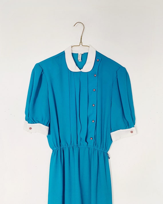 40s 50s turquoise blue vtg house day dress - shir… - image 3