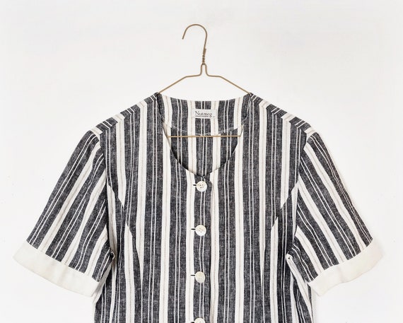 90s vintage navy white striped linen chore blouse… - image 4