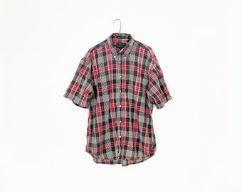 Camisa de algodón a cuadros de manga corta con botones para hombre, de madrás, en azul, rojo, gris y blanco, talla XL