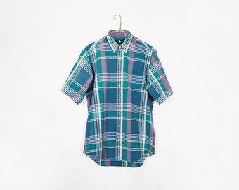 vintage short sleeve button down - hunt club 90s yacht prep blue teal plaid shirt