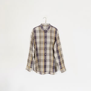 90s vtg pastel plaid button down - purple yellow gray linen mens shirt