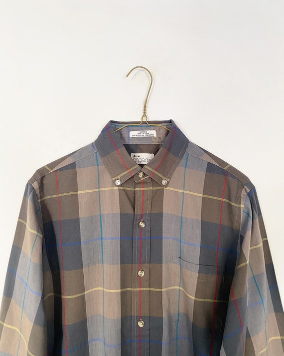 mens 80s neutral vintage plaid button down - gray… - image 3