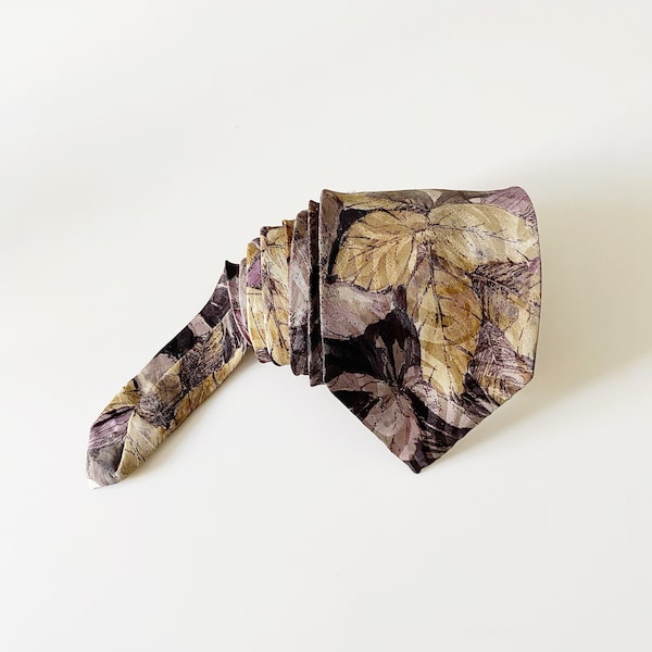 floral neck tie - purple khaki tan gray black flowers - lavish mens vintage dali organic print