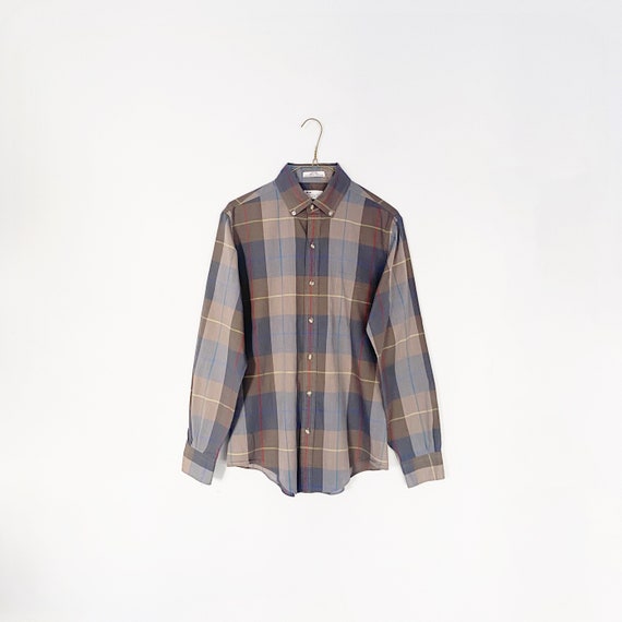 mens 80s neutral vintage plaid button down - gray… - image 1