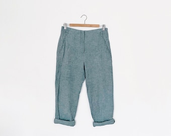 Pantalón de pierna recta y cónica, estilo minimalista de lino, cintura media alta, capri azul pastel de los años 90