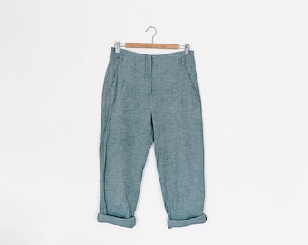 straight taper leg trouser pant - linen minimalist mid high waist - 90s pastel blue capris