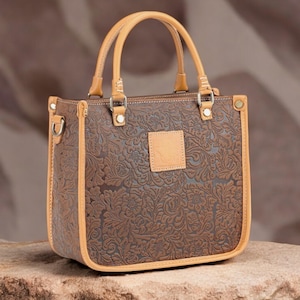 Embossed Floral Leather Handbag: Handmade Cowhide Crossbody Bag