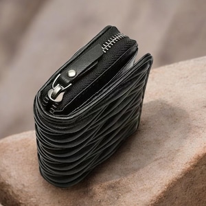 Cartera negra para mujer, monedero de piel auténtica, tarjetero pequeño, cartera de piel con cremallera, tarjetero con monedero, monedero compacto plegable.
