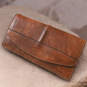 Cartera vintage de tres pliegues, cartera de cuero para mujer, cartera delgada y larga, cartera para ella, cartera de cuero de grano completo, cartera retro para mujer, regalo para mamá