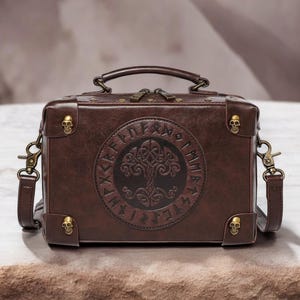 Sac boîte en cuir, sac à main Viking Rune, sac à main à bandoulière arbre de vie nordique Yggdrasil, sac à bandoulière gothique tête de mort, sac Renaissance médiévale