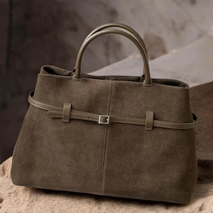 Bolso tote de ante, bolso de hombro de ante, bolso de mano de piel para mujer, ante auténtico marrón, bolso bandolera minimalista grande.