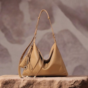 Leather Hobo Shoulder Bag, Large Casual Tote, Purse with Tassel