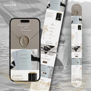 Puede incluir: Un diseño digital de invitación de boda con los nombres "Augustin e Ivonne" y un sello de cera. El diseño incluye detalles de RSVP, horario e información de contacto. La paleta de colores es neutra con acentos dorados.