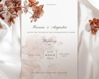 Minimalist Floral Wedding Invitation Template, Editable Canva Design (Digital Download)