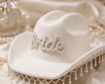 Cappello da cowboy per la sposa, cappello con perle, cappello da cowgirl bianco, addio al nubilato, accessorio western per la sposa, regalo di nozze