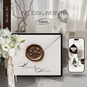 Op de afbeelding: Een concept voor een website voor een bruiloft met een tablet- en smartphone-mockup. De tablet toont een witte envelop met een bloemen waszegel en de namen "Ivonne & Augustin". De smartphone toont een "Save the date"-kaart. Het Canva-logo is zichtbaar.
