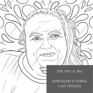 May include: Black and white line art portrait of a person with long hair, with a splash design in the background. The image includes text that reads "PDF, PNG & JPG" and "DOWNLOAD TUTORIAL LAST 3 IMAGES".
