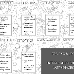 May include: Black and white line art educational poster featuring planets Earth, Venus, Uranus, Saturn, Jupiter, Mars, Mercury, and Neptune. Each planet has facts and illustrations. Includes text: PDF, PNG & JPG, DOWNLOAD TUTORIAL LAST 3 IMAGES.