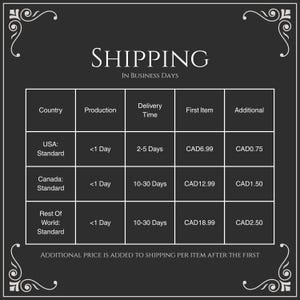 May include: A dark gray graphic with the word "SHIPPING" at the top. Below, a table shows shipping details for the USA, Canada, and the rest of the world, including production time, delivery time, and additional costs.