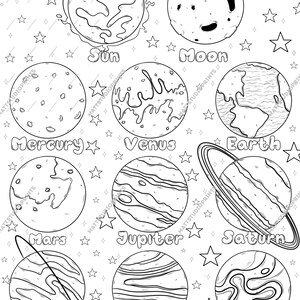 Coloriage du système solaire : planètes de l'espace à imprimer | Activité d'astronomie pour les enfants | Soleil, lune et planète PDF | Feuille à colorier en sciences de l'éducation