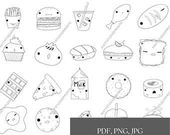 Kawaii Food Coloring Page: Desserts, Snacks (Instant Download, 8.5x11in JPG/PDF