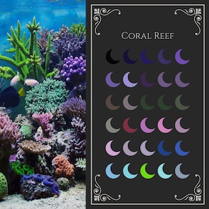 May include: An aquarium scene with vibrant coral and fish. The image includes a color palette labeled "Coral Reef" with various shades of blue, purple, green, and pink. The text "CORAL REEF" is displayed above the color palette.