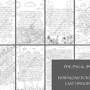 Op de afbeelding: Een zwart-wit digitale download met bijbelverzen en illustraties om in te kleuren. De afbeelding bevat meerdere panelen met tekst en tekeningen van wolken, zonnen en golven. De tekst bevat "PDF, PNG & JPG" en "DOWNLOAD TUTORIAL LAST 3 IMAGES".