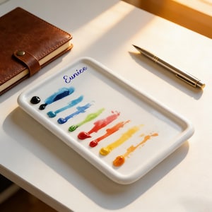 以下が含まれることがあります： カラフルな絵の具の見本が並んだ、白い長方形の画家のパレット。パレットには青い筆記体で「Eunice」と書かれています。茶色の革製ジャーナルと銀色のペンも画像に写っています。