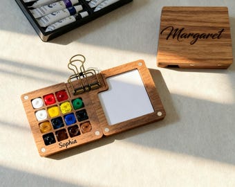 Personalized Custom Walnut Wood Mini Watercolor Palette – Compact, Portable, and Perfect for On-the-Go Artists