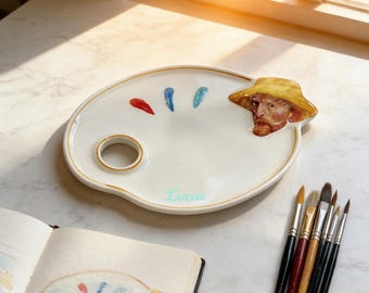 Palette d'artiste personnalisée en céramique inspirée de Van Gogh – Plateau de mélange rectangulaire sur mesure pour aquarelle et acrylique, idéal comme cadeau pour artistes.
