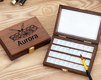 Custom Engraved Walnut Watercolor Box Personalized Wooden Paint Palette for Artists 24 & 36 Half Pan Holder Handmade Travel Art