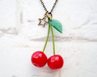 Cherry Necklace - Red and Green Cherries Jewel - Brass chain necklace - Hand made with Love by Lolita