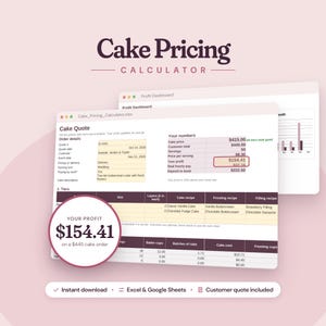 May include: A digital Cake Pricing Calculator spreadsheet interface displayed on a screen. The document features a Cake Quote section with order details, financial data, and a highlighted profit of $154.41. Includes Excel and Google Sheets compatibility.