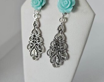 FLORAL FILIGREE- Aqua rose flower Post/stud silver charm earrings.