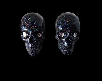 Black Glitter Skulls-skull post earrings.