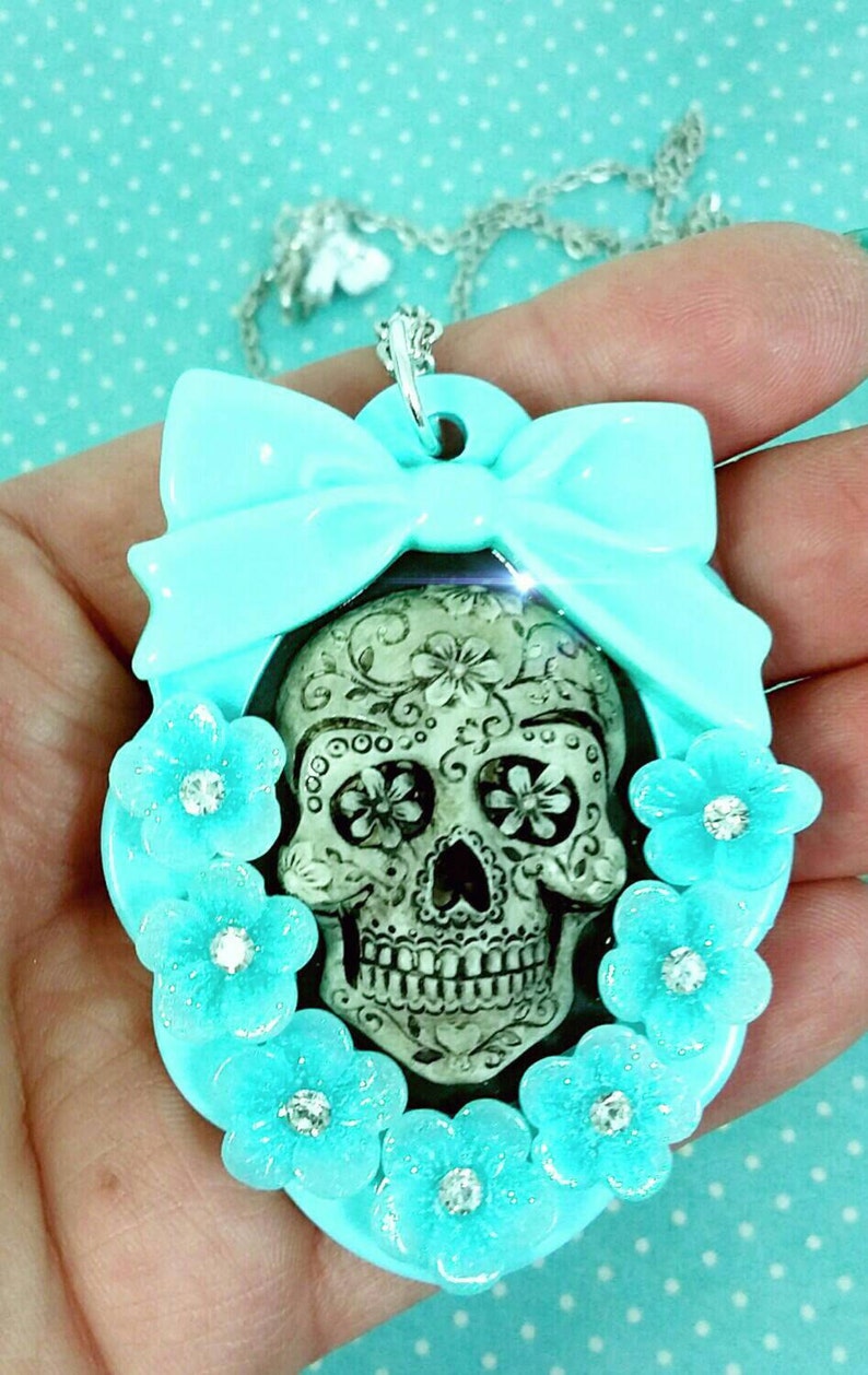 30 x 40 mm Aqua Blue Dis De Los Muertos Floral Bow Cameo Necklace FLORAL SENORITA CAMEO