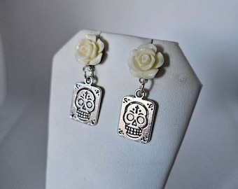 Dia De Los Muertos Card- ivory rose flower Post/stud silver skull charm earrings.