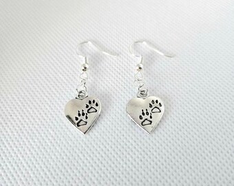 WHO RESCUED WHO-silver heart cat and dog paw print charm earrings.