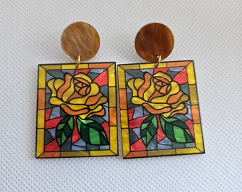 SUMMERTIME LOVE-laser cut acrylic rose colored glass dangle stud post earrings.