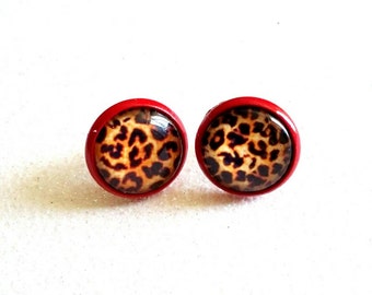 FANCY KITTY-12 mm Post/Stud RED Setting Glass Cabochon Earrings