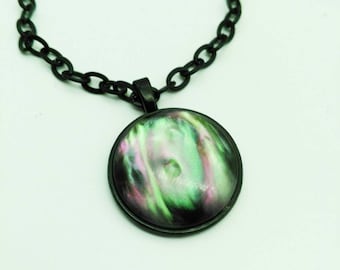 NORTHERN LIGHTS NECKLACE- 25 mm Black Cameo Pendant Beautiful Resin Cabochon Necklace Black Chain