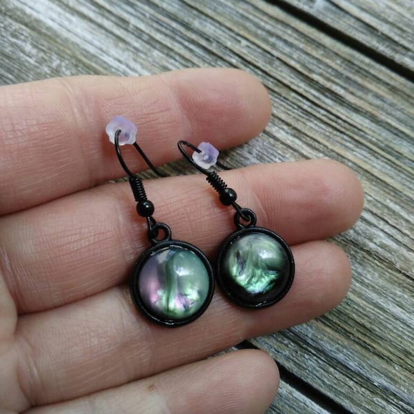 NORTHERN LIGHTS- 12mm swirl color resin cabochon earrings black settings French hooks.